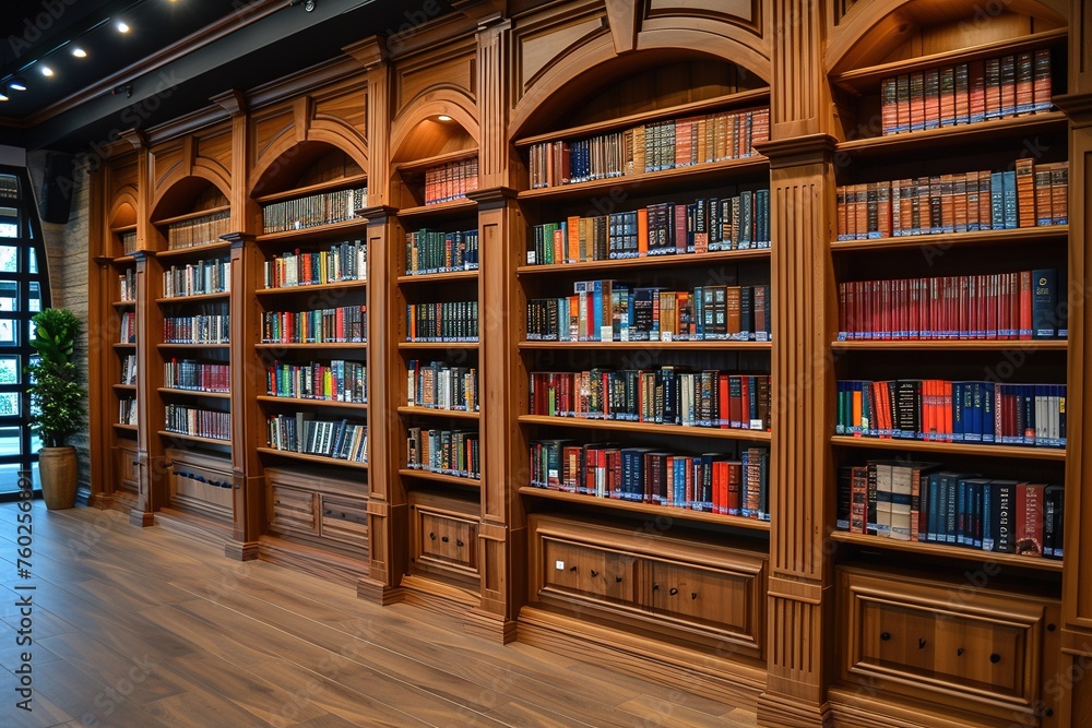 library shelves with books, Pure solid wood full-wall bookshelf