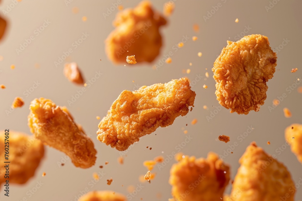 Crispy Chicken Nuggets Falling Mid-Air. Crispy Chicken Nuggets Falling Mid-Air.
