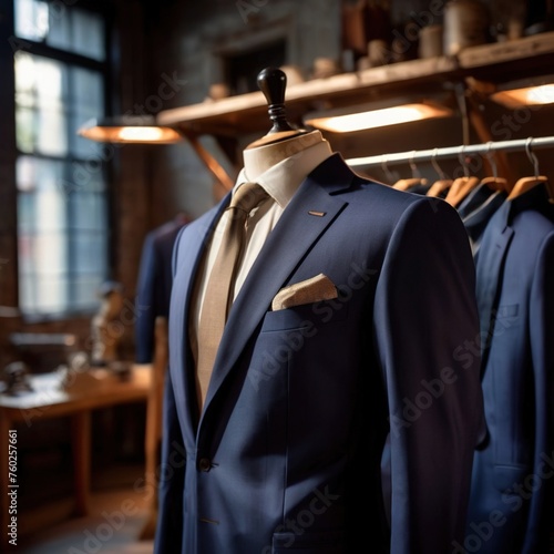 Tailored men's suits modeled on mannequin in tailor shop atelier photo