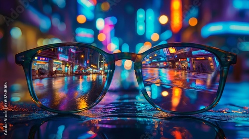 A pair of glasses reflecting the vibrant colors of a city street at night © Image Studio