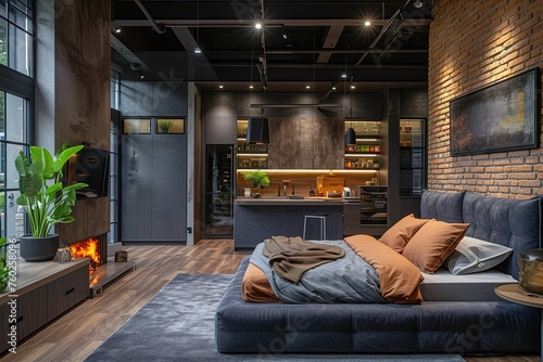 luxury studio apartment with a free layout in a loft style in dark colors. Stylish modern kitchen area with an island, cozy bedroom area with fireplace and personal gym © Azar