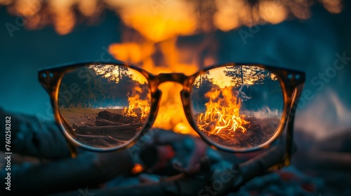 A pair of glasses reflecting the flickering flames of a campfire