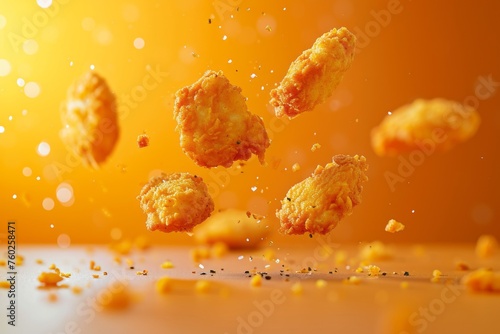Crispy Chicken Nuggets Falling Mid-Air. © STOCKAI