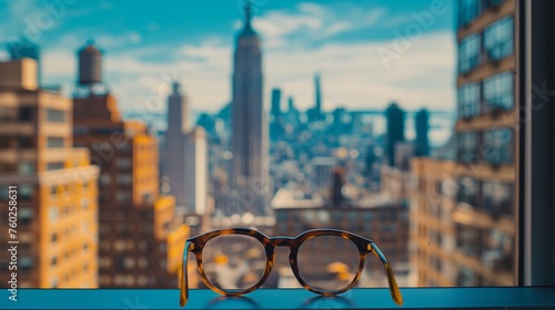 A pair of glasses sitting on a windowsill, overlooking a bustling cityscape