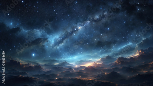 Dark blue universe with bright starry sky.