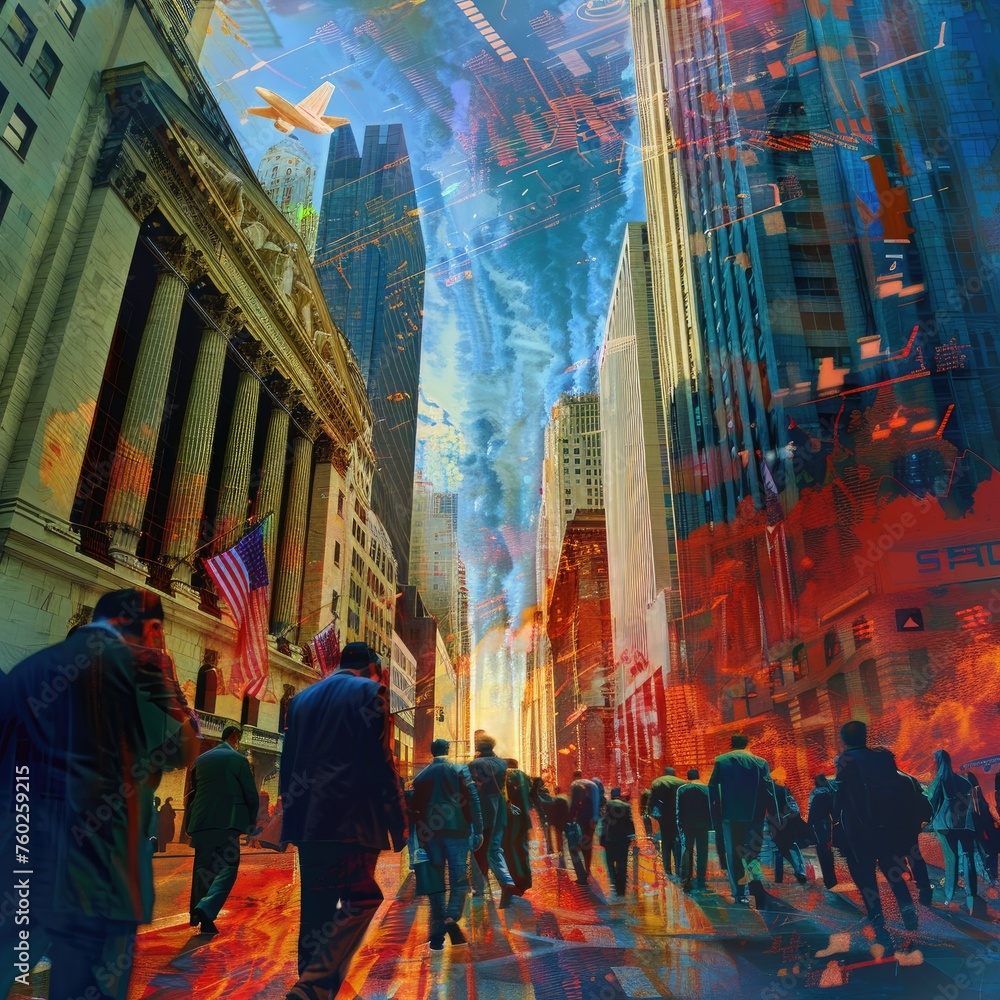 Vibrant city life montage with American symbolism - A dynamic composition blending busy city life, urban landscape, and American symbols with an artistic, multi-layered effect