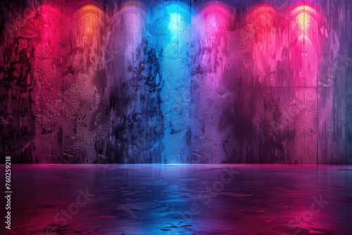 Vibrant pink and blue light on wet surface - A moody and atmospheric image with vibrant pink and blue lights reflecting on a wet textured surface  creating a dramatic and colorful display