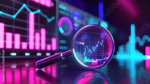 Magnifying Glass Over Digital Graphs and Charts in 3D for Market Data Analysis