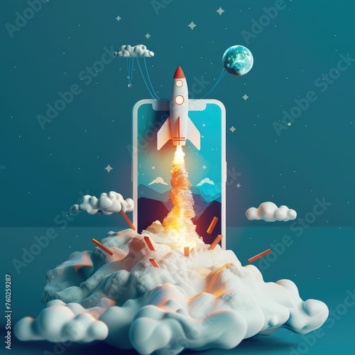 Rocket launch from a smartphone into space - A creative depiction of a rocket launching out of a smartphone, signifying innovation and progress