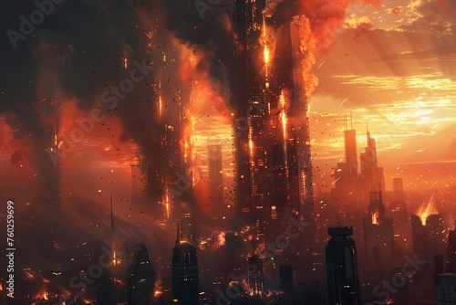 A city skyline overtaken by raging flames and billowing smoke from a massive fire. Generative AI
