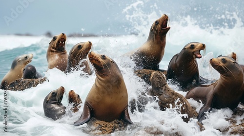 A playful group of sea lions basking on a rocky shore, barking and splashing in the waves © Image Studio