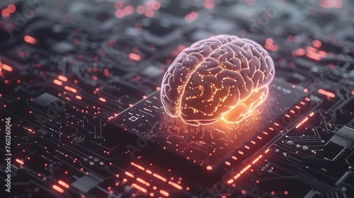 Artificial Intelligence Brain Glowing from Processor: Symbol of Human Intelligence and Machine Learning Capabilities