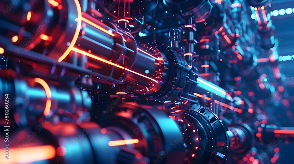 Futuristic Energy Cannons: Vibrant Red and Blue Lights Illuminating Intricate High-Tech Components