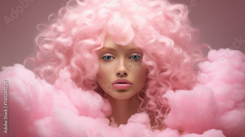 A surreal illustration of a beautiful woman with pink hair surrounded by pink clouds.