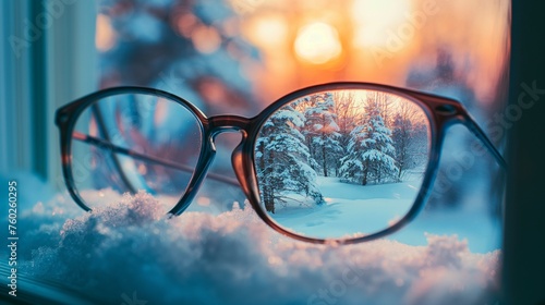 A reflection of snow-covered trees in the lenses of a pair of glasses left on a windowsill