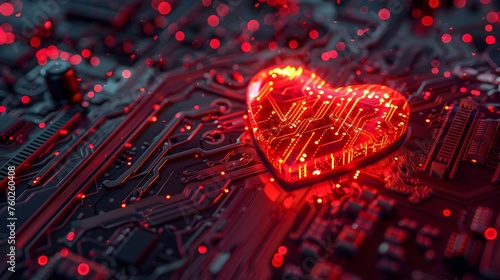 Love in the Digital Age: A Glowing Heart-Shaped Circuit Board on a High-Tech Motherboard