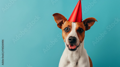 Cute dog celebrating with red pary hat and blow-out against a blue background and copy space to side. photo