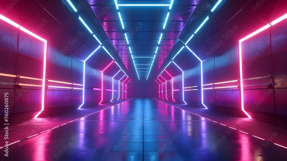 Futuristic Neon Tunnel: Luminous Blue and Pink Lights Adorn an Empty Virtual Corridor