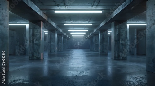 Futuristic Underground Concrete Room with Pillars: Abandoned Infrastructure Showroom