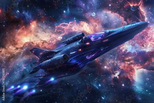 Fototapeta Naklejka Na Ścianę i Meble -  A cosmic traveler explores distant galaxies aboard a space ship, soaring through the vast expanse filled with twinkling stars. Generative AI