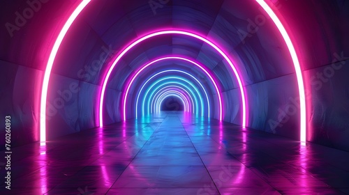 Futuristic Tunnel of Glowing Neon Arches: A Vision of Sci-Fi Illumination © yelosole