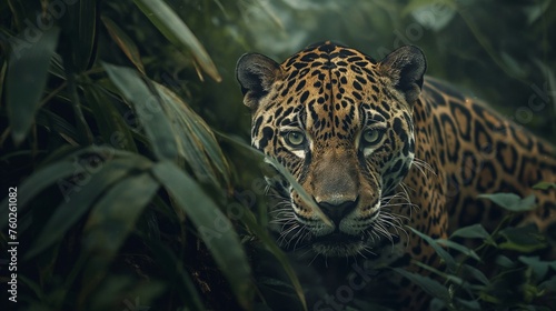 A sleek jaguar prowling through dense jungle undergrowth  eyes gleaming with hunger