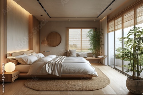 Trendy minimalistic japandi modern interior bedroom in beige tones.