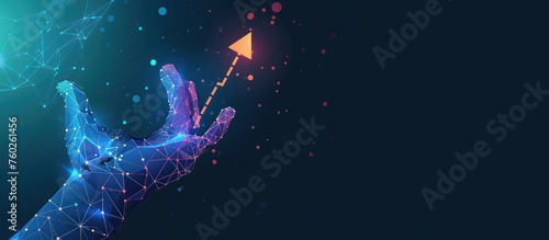 Hand holding a rising arrow with a futuristic style digital abstract background. generative AI image