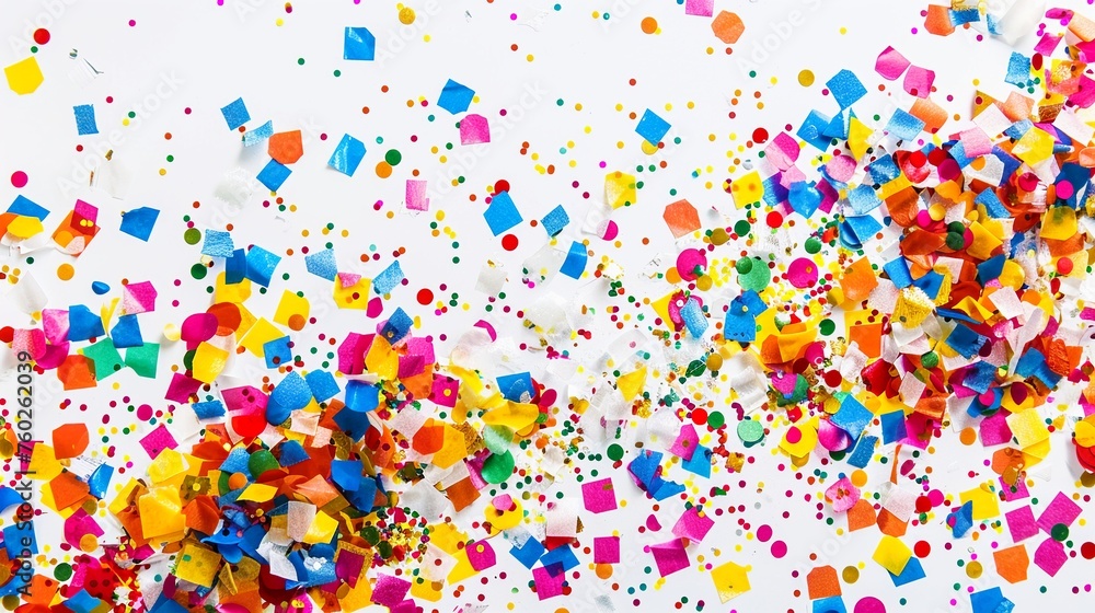 Carnival or party background with colorful confetti on white background. Flat lay, top view