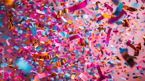 Colorful confetti on a pink background. Carnival, celebrate, or festival. © RMTH