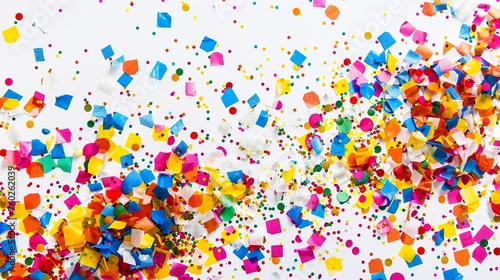 Carnival or party background with colorful confetti on white background. Flat lay  top view