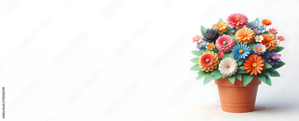 Fototapeta premium Pot of flowers, paper flowers, isolated on a White background, 3d render, Copy space, Banner