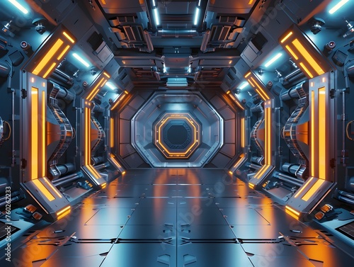 Fototapeta Naklejka Na Ścianę i Meble -  Futuristic Spaceship Interior Bathing in Glowing Orange and Blue Lights