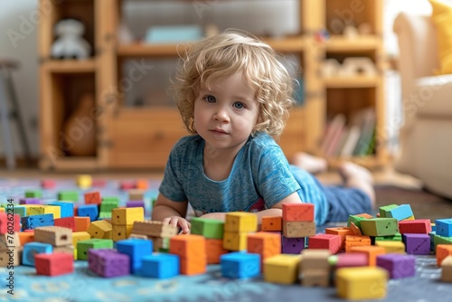 young kid playing with blocks at home, ai generated