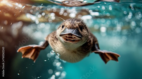 A smiling baby platypus swimming gracefully in water © Image Studio