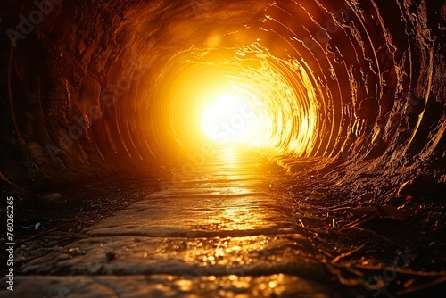 A tunnel leads towards a bright light at the end, symbolizing hope and progress. Generative AI