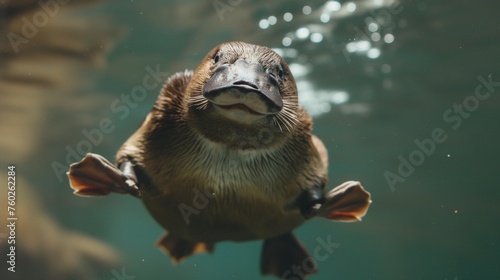 A smiling baby platypus swimming gracefully in water