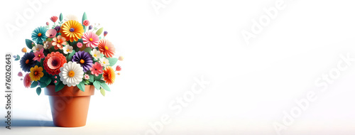 Pot of flowers, paper flowers, isolated on a White background, 3d render, Copy space, Banner © TJ_Designs