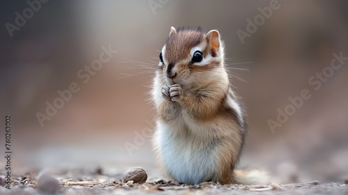 A tiny baby chipmunk sitting up on its hind legs, nibbling on a nut