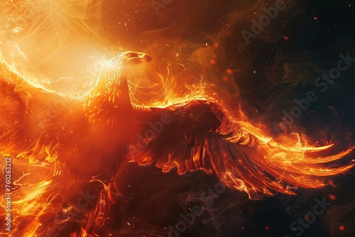 A large bird of prey  resembling a majestic phoenix  is soaring through intense flames. Generative AI