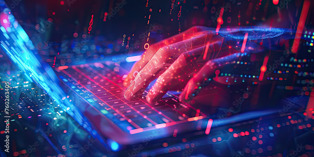 Fototapeta premium hands of IT professional typing on the keyboard with Abstract futuristic cyberspace with binary code design, big data connection technology concept