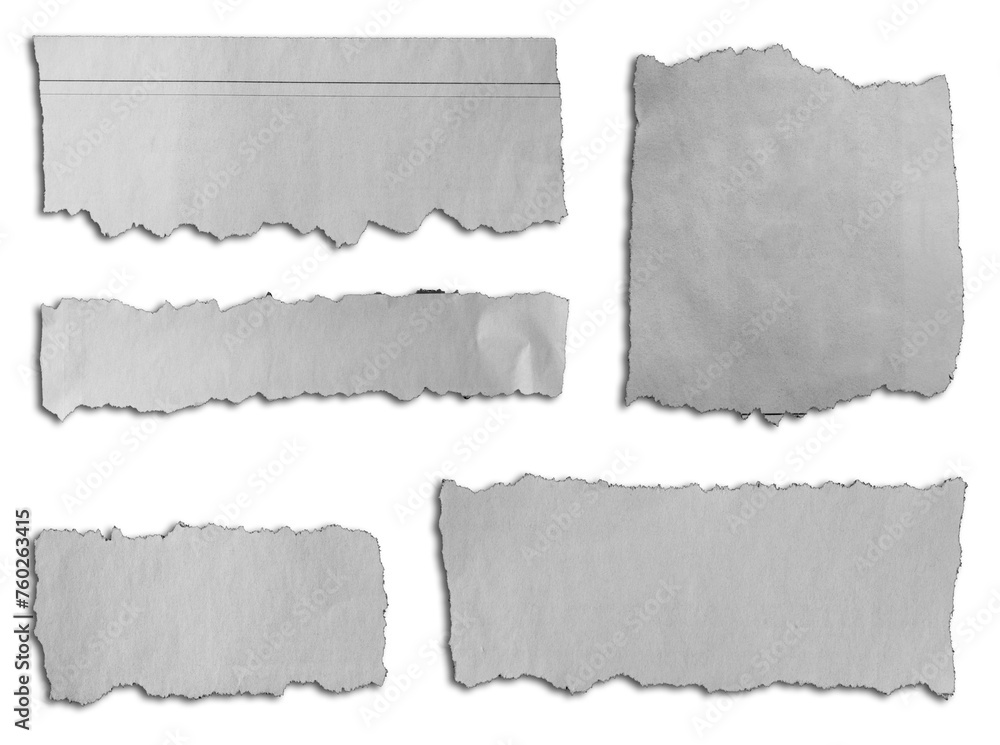 Five pieces of torn paper on white background 