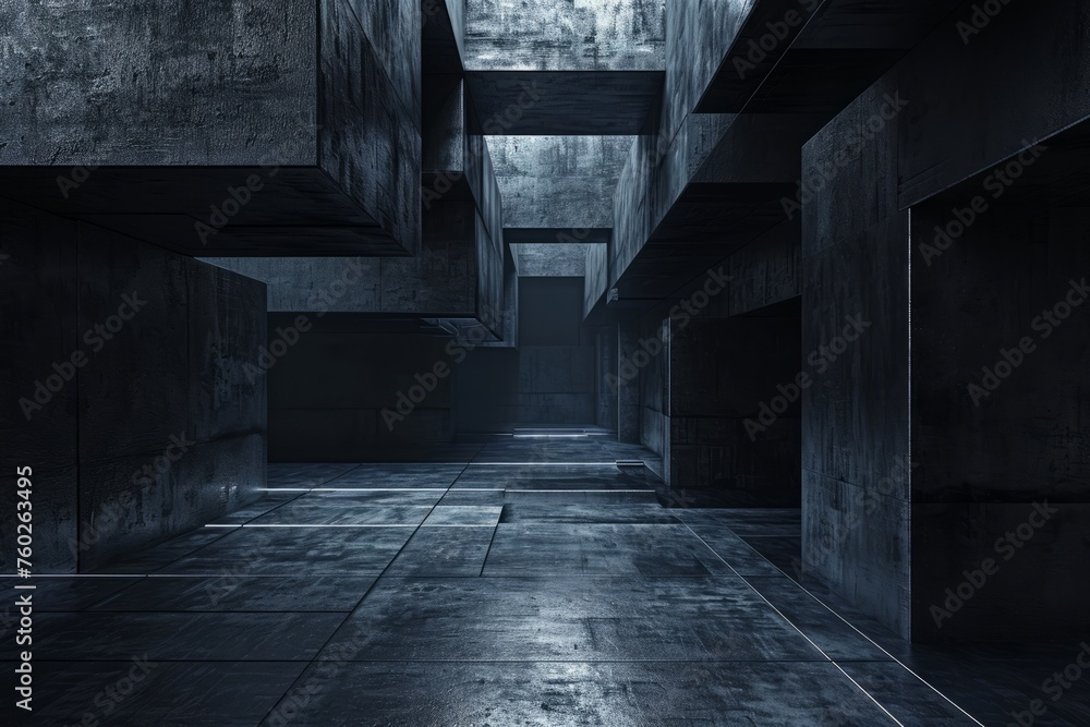 Dark futuristic image with high-tech rectangular block structure, textured walls, and 3D render Dark futuristic image with high-tech rectangular block structure, textured walls, and 3D render