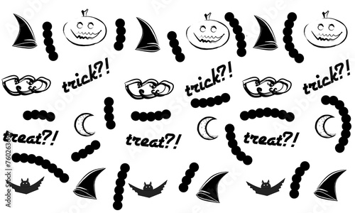 vector illustration of a simple black line pattern in the form of a cloud, a witch's hat, a pumpkin, a crescent moon, the word treat, the word trick, on a white background. Doodle pattern.