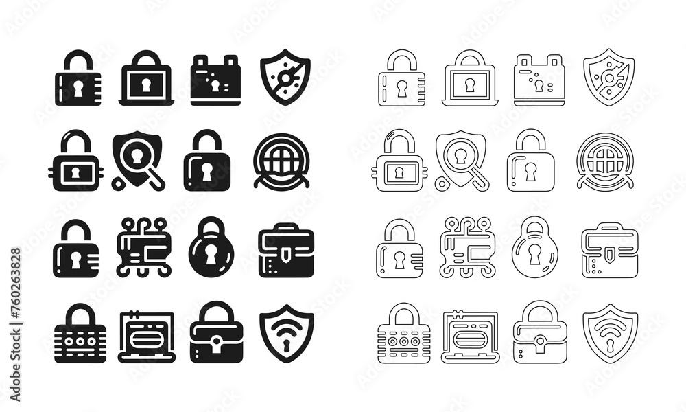 Lock icon set in fill and outline mode Lock icon set in fill and outline mode