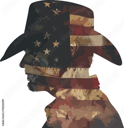 Vector illustration depicting a man wearing a cowboy hat, with the silhouette filled with an American flag, utilizing double exposure painting technique.