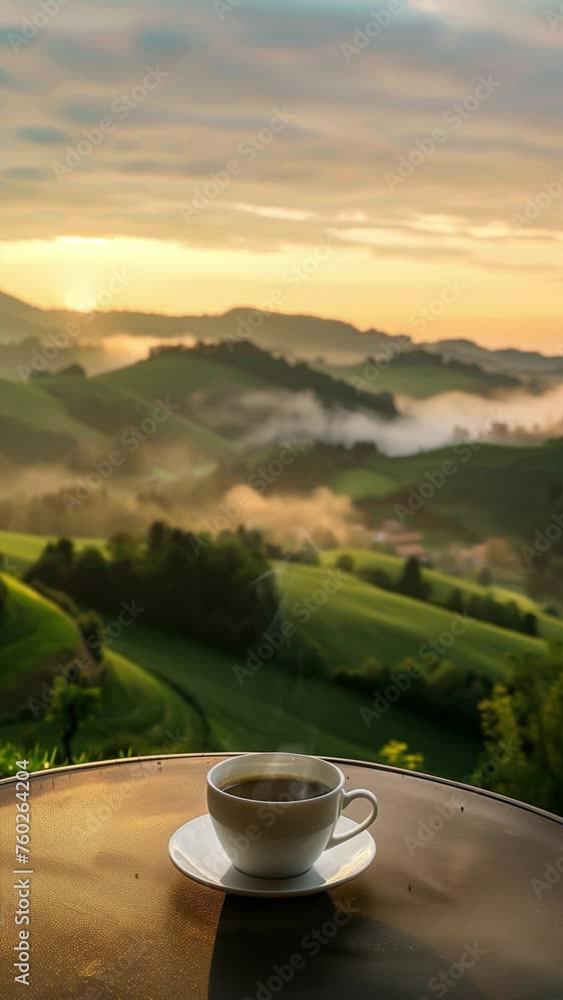 Savor the serene morning as a cup of coffee complements the picturesque view of verdant hills and misty mountains bathed in the warm glow of sunrise. Savor the serene morning as a cup of coffee complements the picturesque view of verdant hills and misty mountains bathed in the warm glow of sunrise.