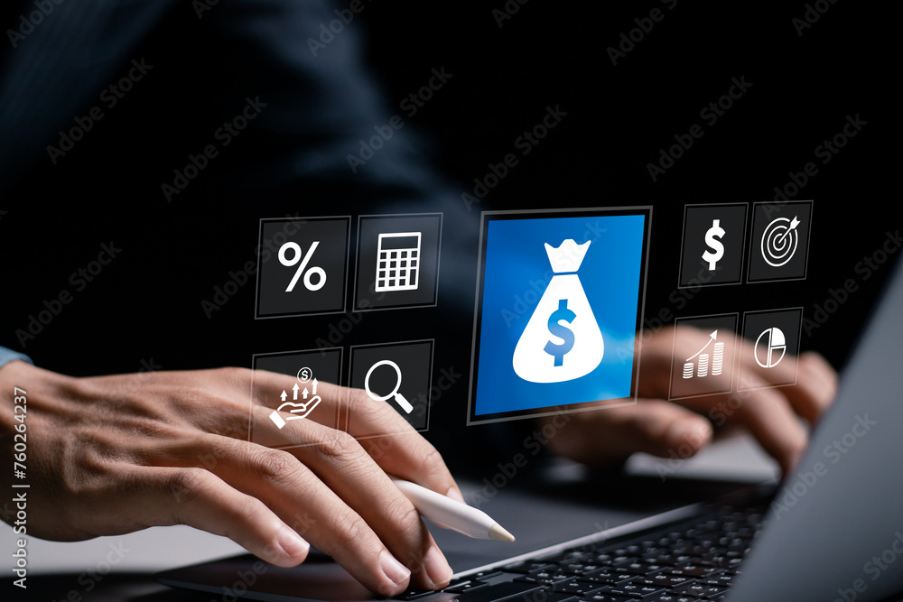 Investment concept. Businessman use laptop with financial investment icon for invest money, business and finance, capital fundraising and dollar loan credit. - obrazy, fototapety, plakaty 