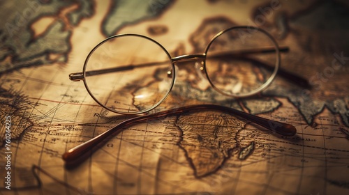 A vintage pair of glasses resting on an old map, evoking a sense of nostalgia