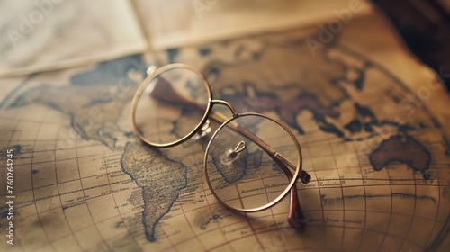 A vintage pair of glasses resting on an old map, evoking a sense of nostalgia